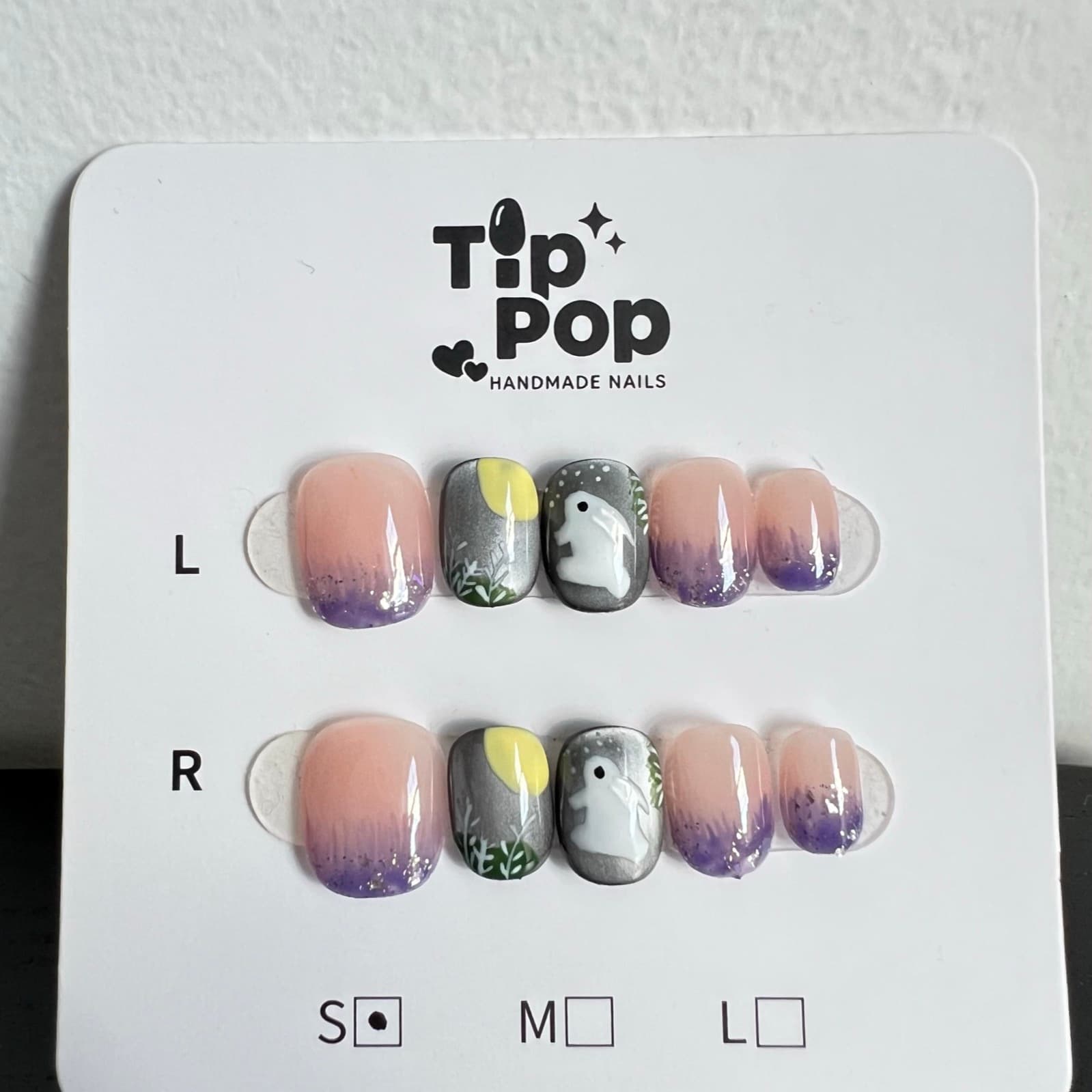 Moonlit Bunny Ombre press-on nail set on a TipPop Nails card